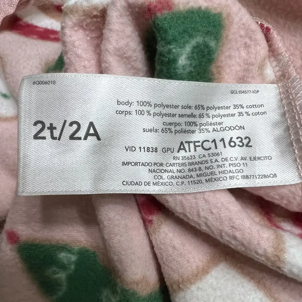 🍄 3/$15 Carter’s Fleece Footie Pajamas Girls 2T Pink Christmas Santa Snowman